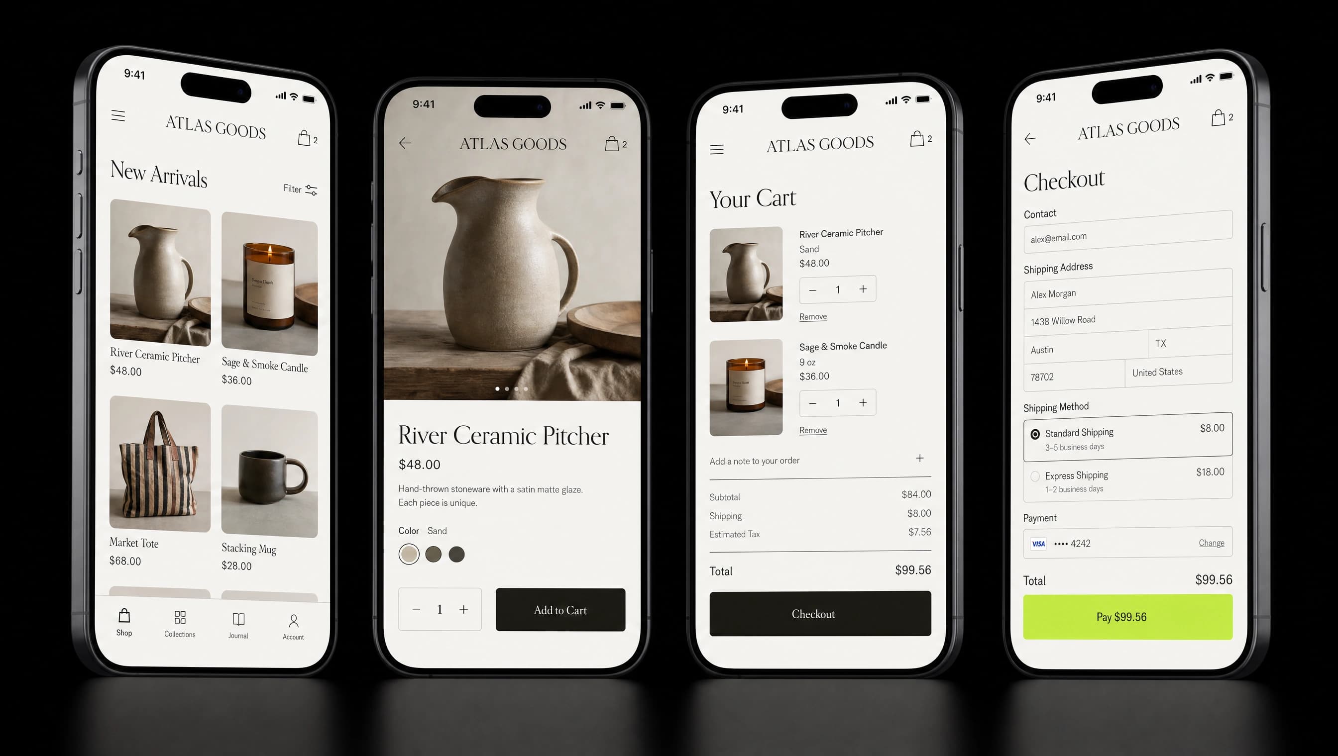 Atlas Goods — Móvil y checkout